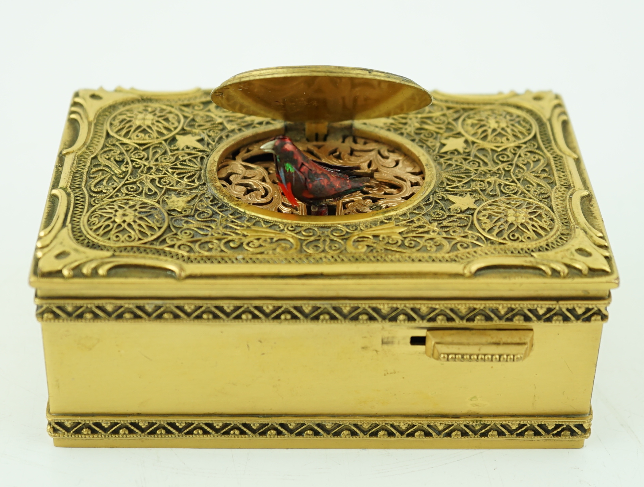 A 20th century gilt brass singing bird box